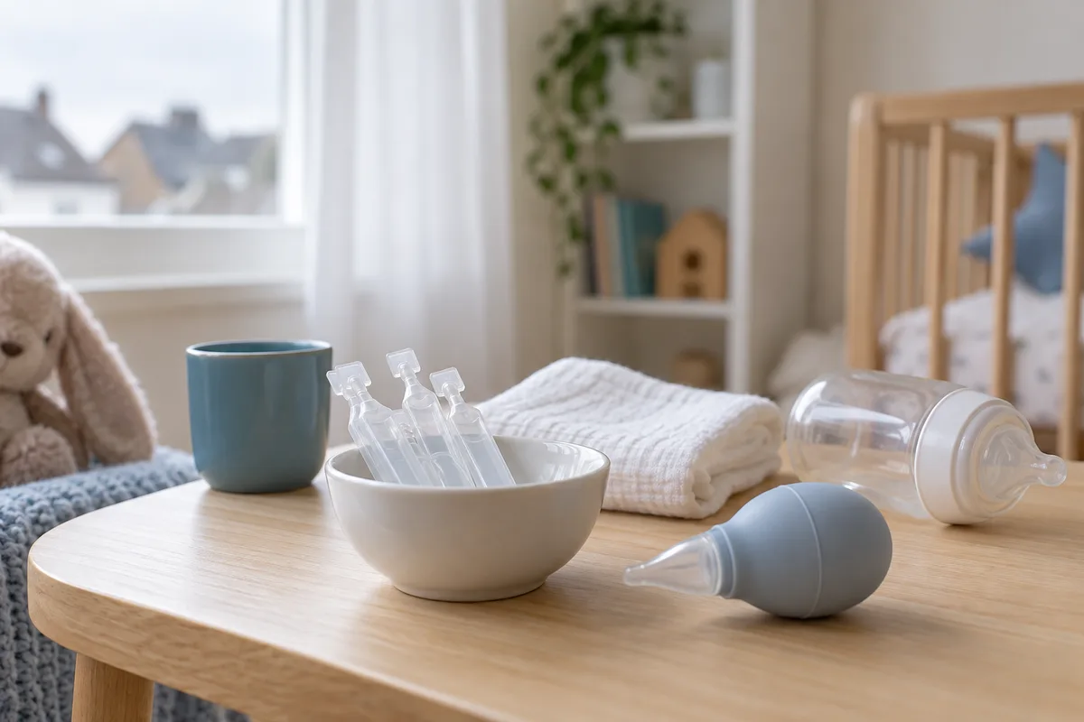 Unidoses de sérum physiologique, mouche-bébé et linge blanc sur une table en bois