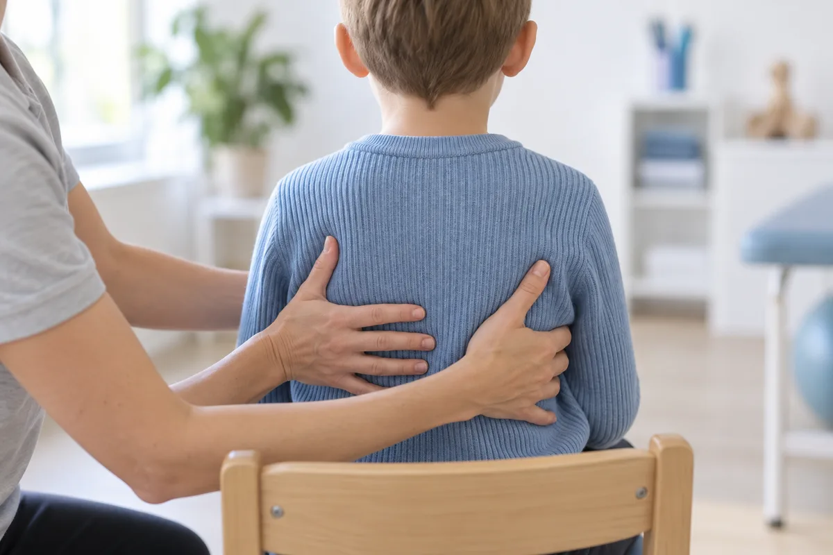 Mains posées sur la cage thoracique d'un enfant assis