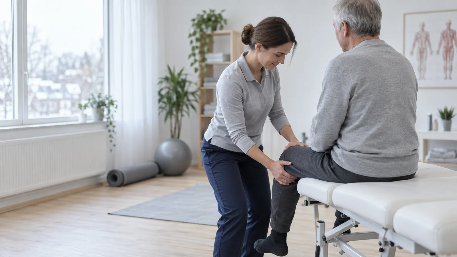 Kinésithérapeute mobilisant le genou d'un patient assis en salle de traitement