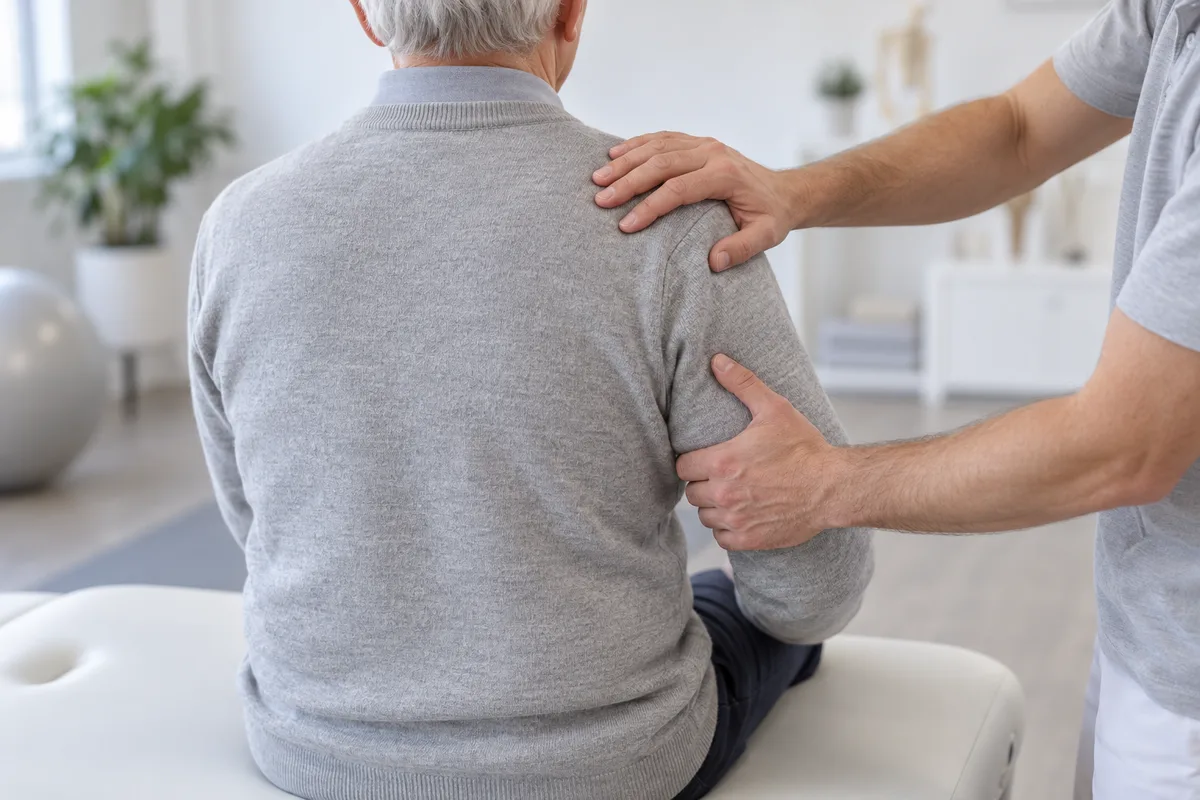 Mains de kinésithérapeute mobilisant doucement l'épaule d'un patient