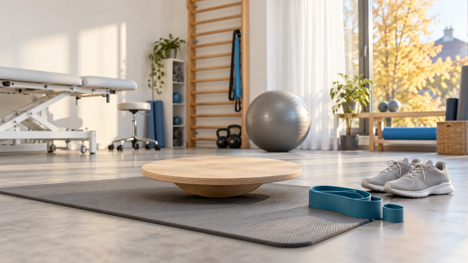 Plateau de proprioception en bois, bande élastique et baskets dans une salle de kiné