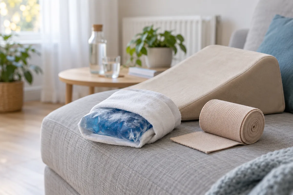 Compresse froide, coussin de surélévation et bande de compression sur un canapé