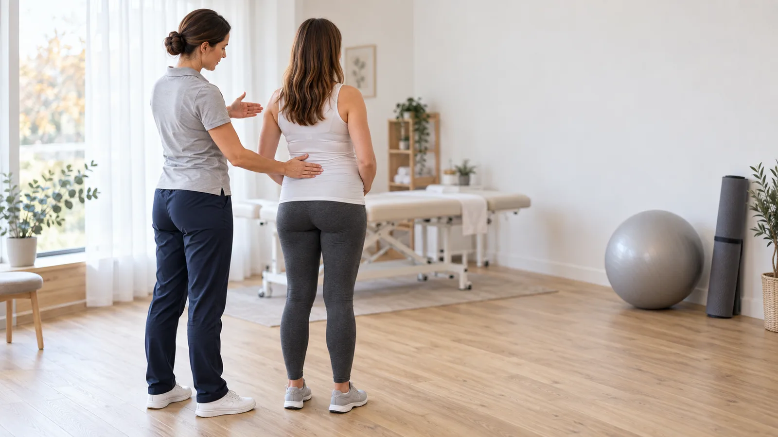 Kinésithérapeute accompagnant une patiente enceinte debout en salle de soin