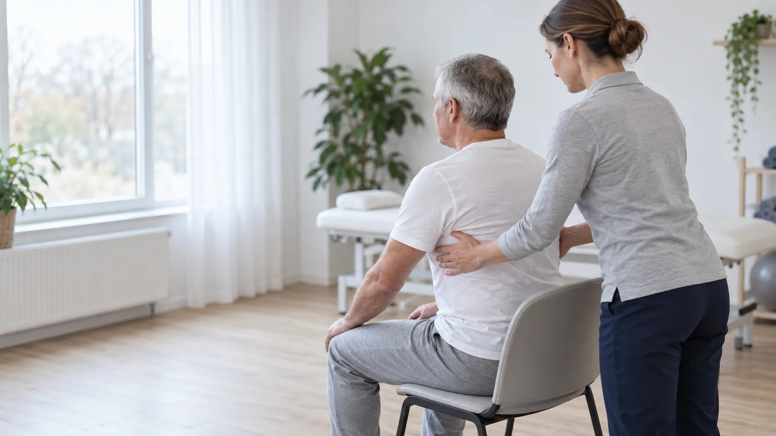 Patient guidé dans un exercice de respiration par une kinésithérapeute