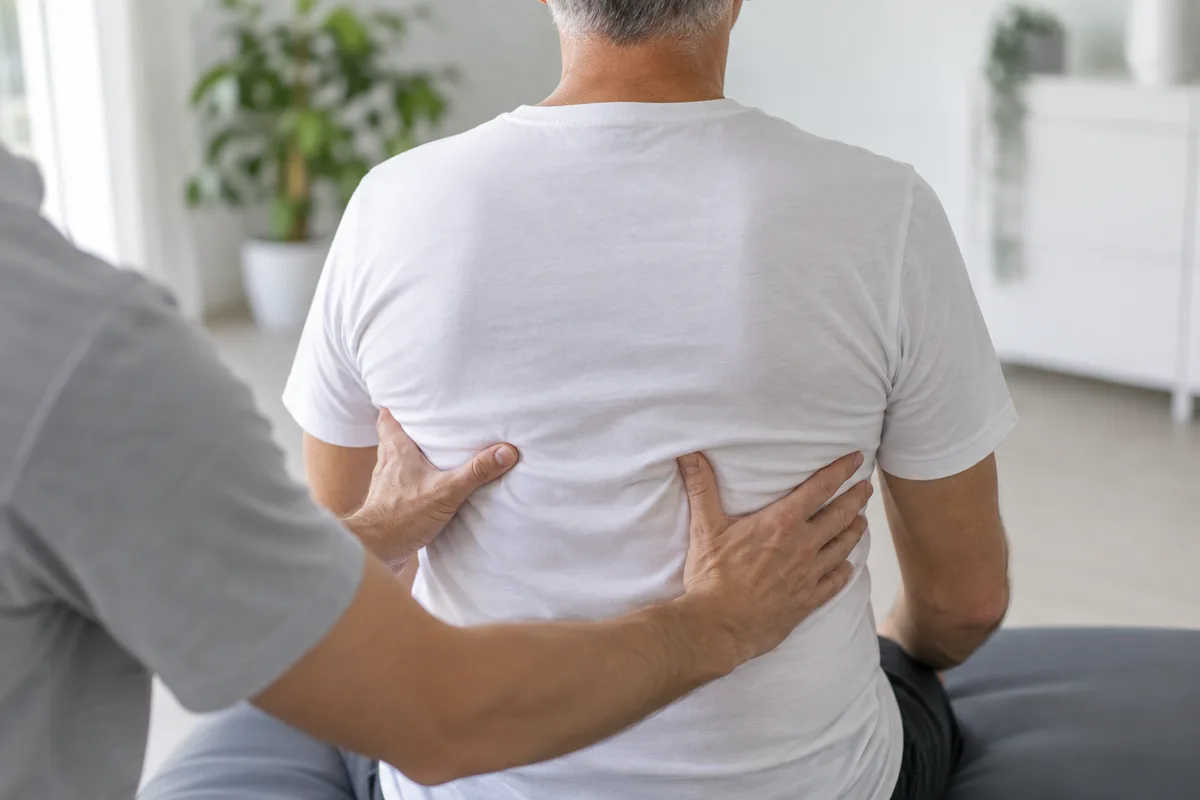Mains posées sur les côtes d'un patient en désencombrement respiratoire