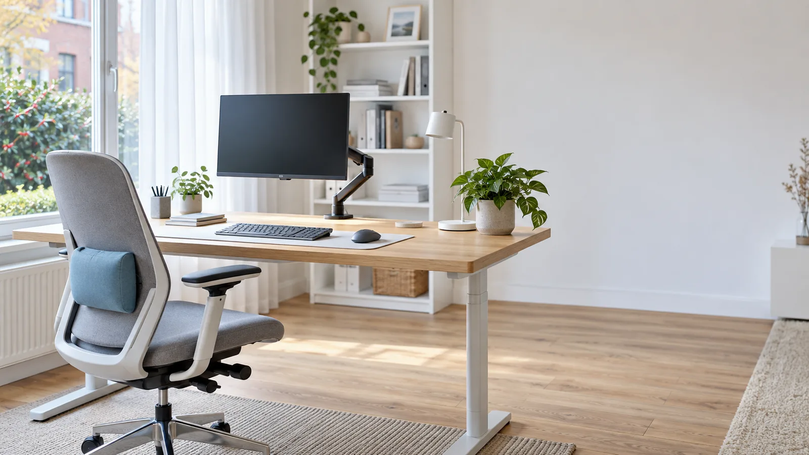 Poste de travail ergonomique avec écran réglable et siège à coussin lombaire bleu