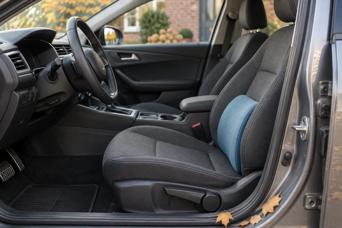 Siège de voiture réglé avec coussin lombaire bleu dans le creux du dossier
