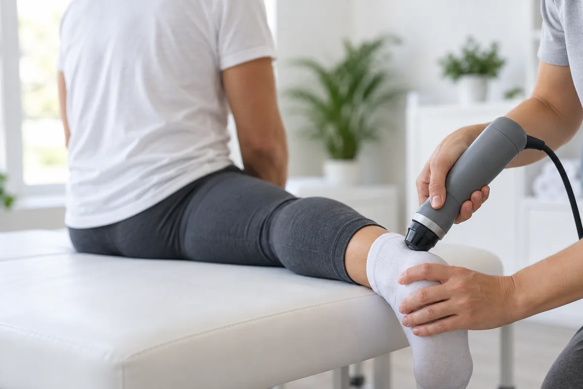 Pièce à main d'ondes de choc appliquée sur un tendon d'Achille
