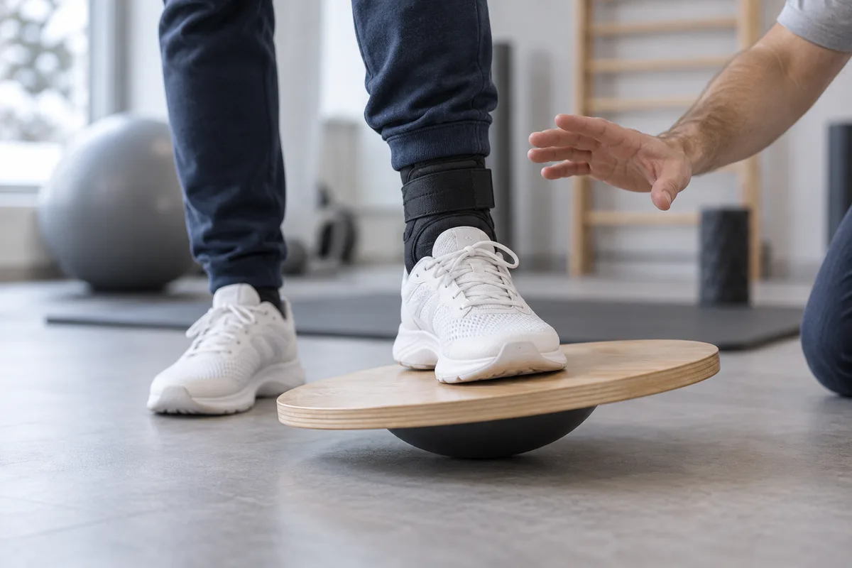 Pied en équilibre sur un plateau de proprioception, main en sécurité