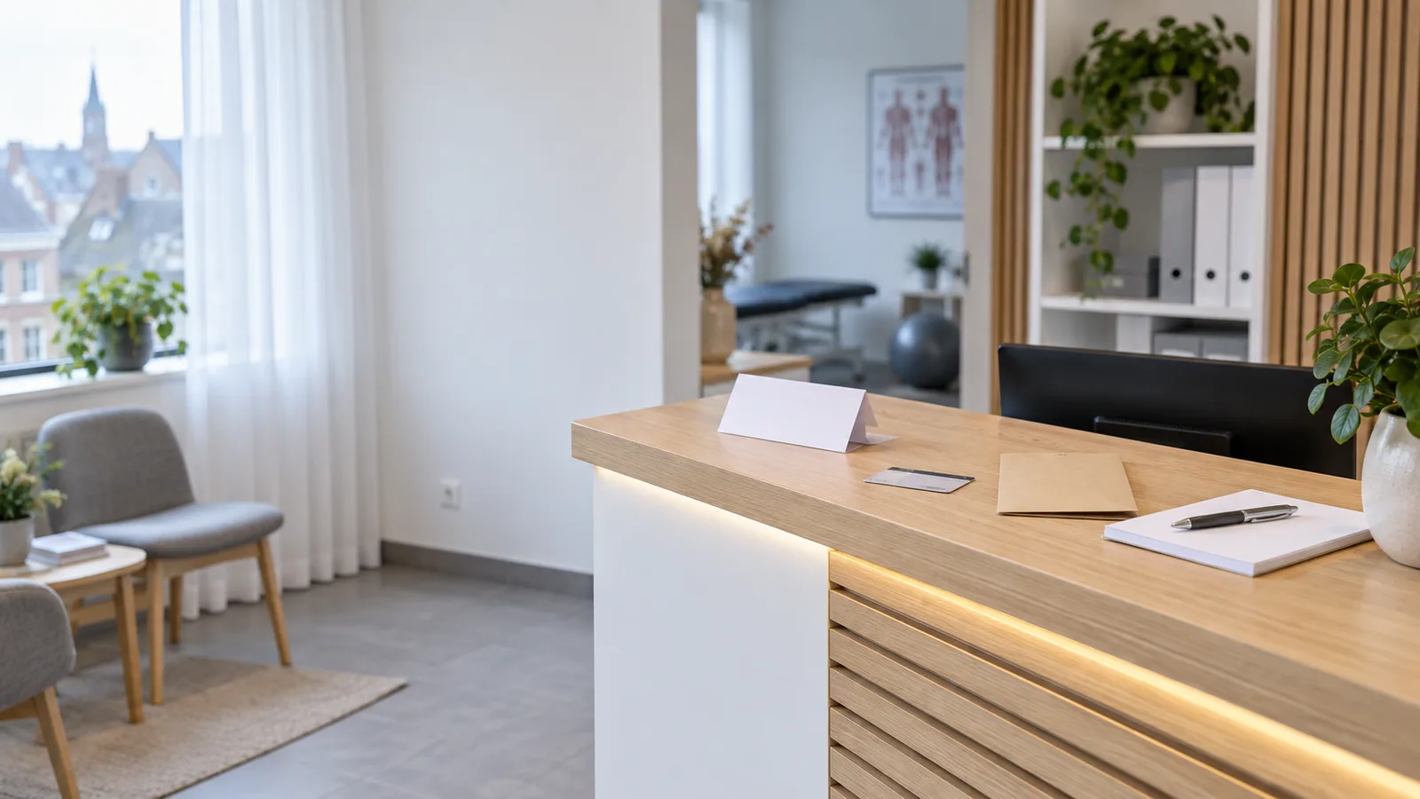 Comptoir d'accueil d'un cabinet avec prescription et pochette de mutuelle