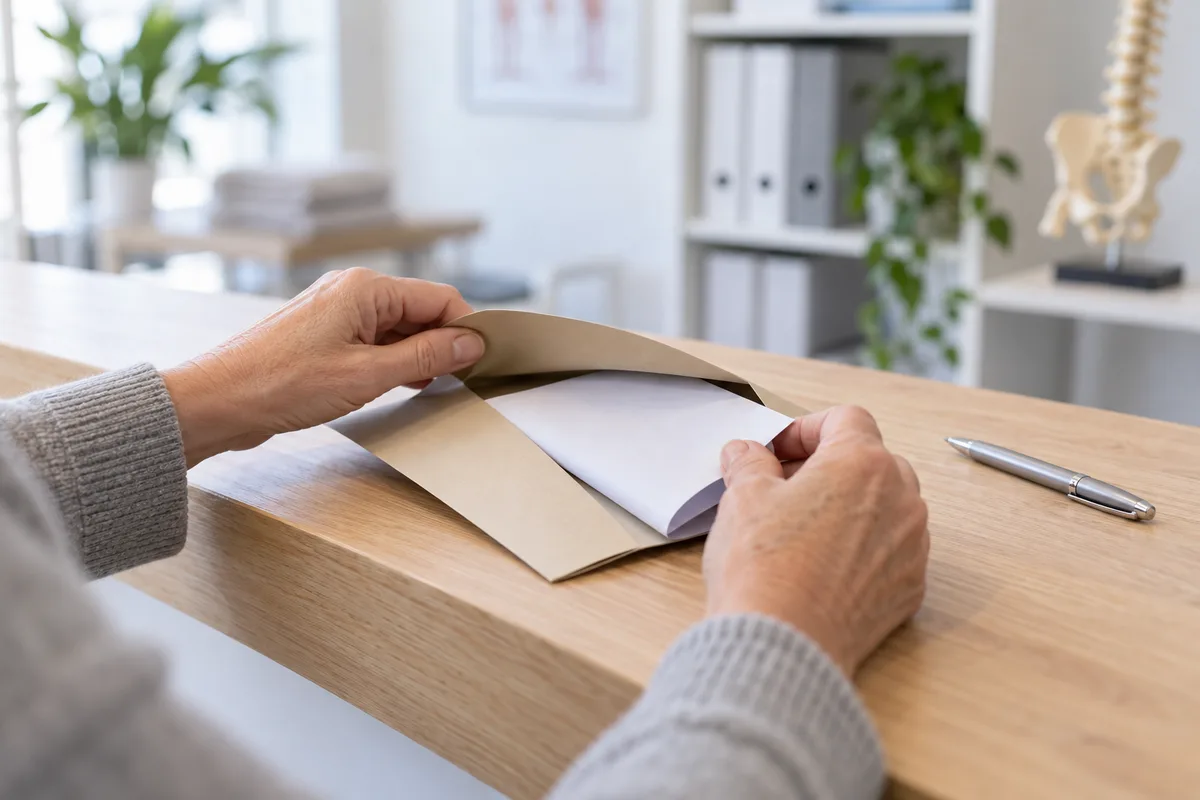 Mains glissant une attestation de soins dans une pochette de mutuelle