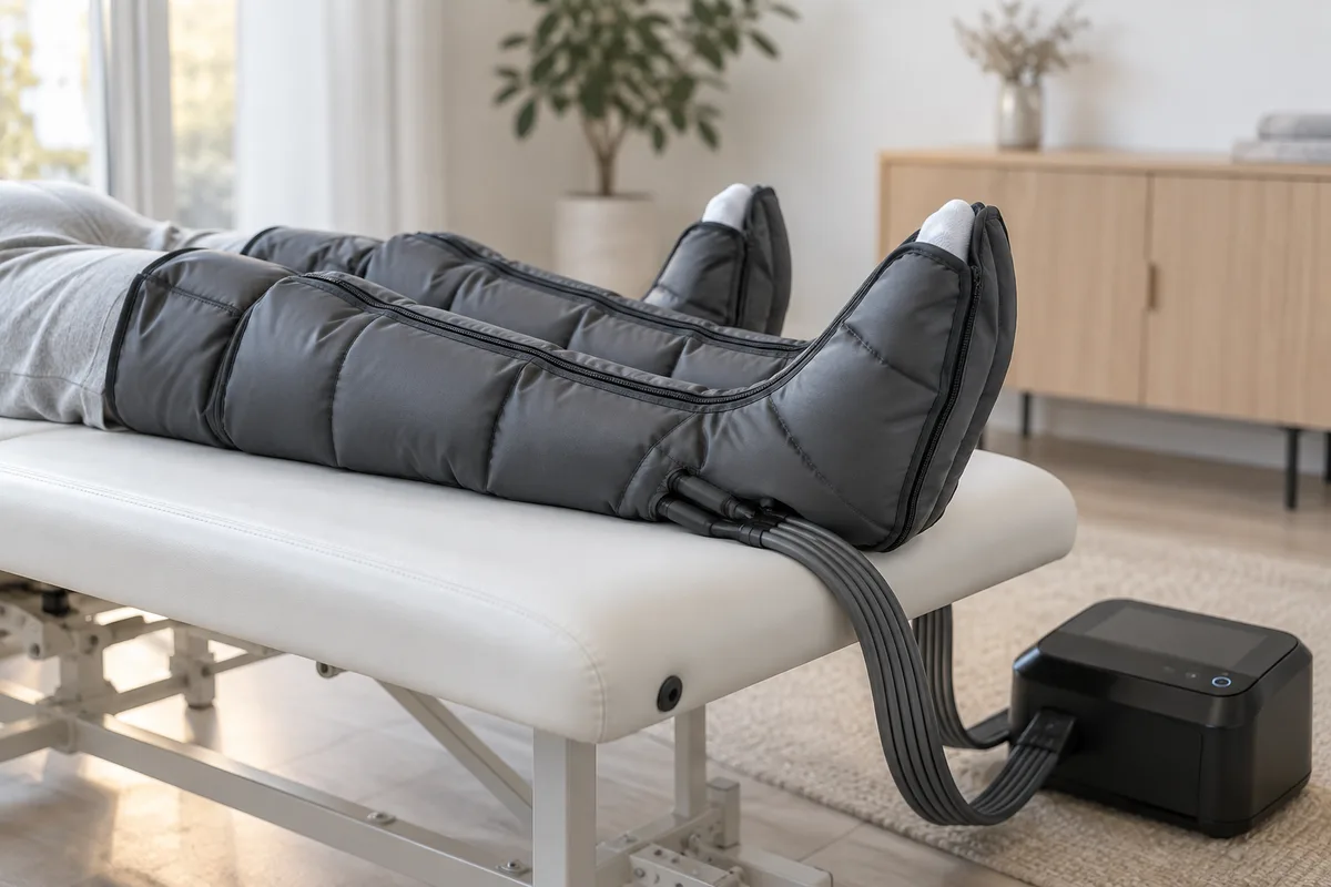 Gros plan sur des jambes chaussées de bottes de pressothérapie branchées à une console