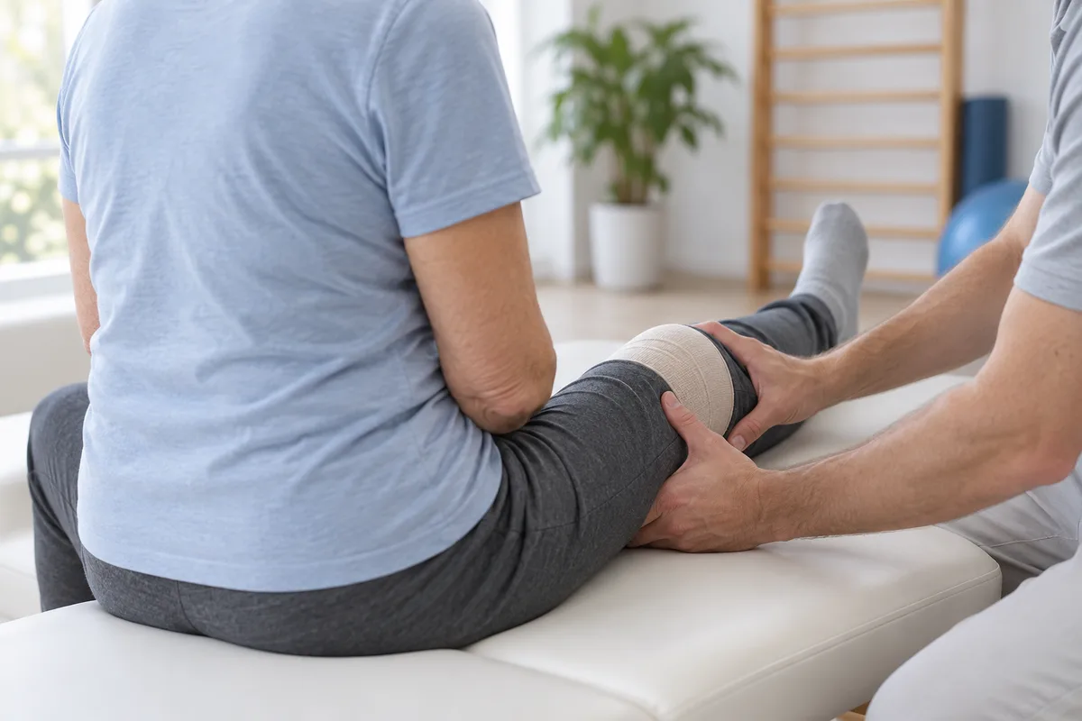 Mains d'un kinésithérapeute guidant la flexion du genou bandé d'une patiente assise