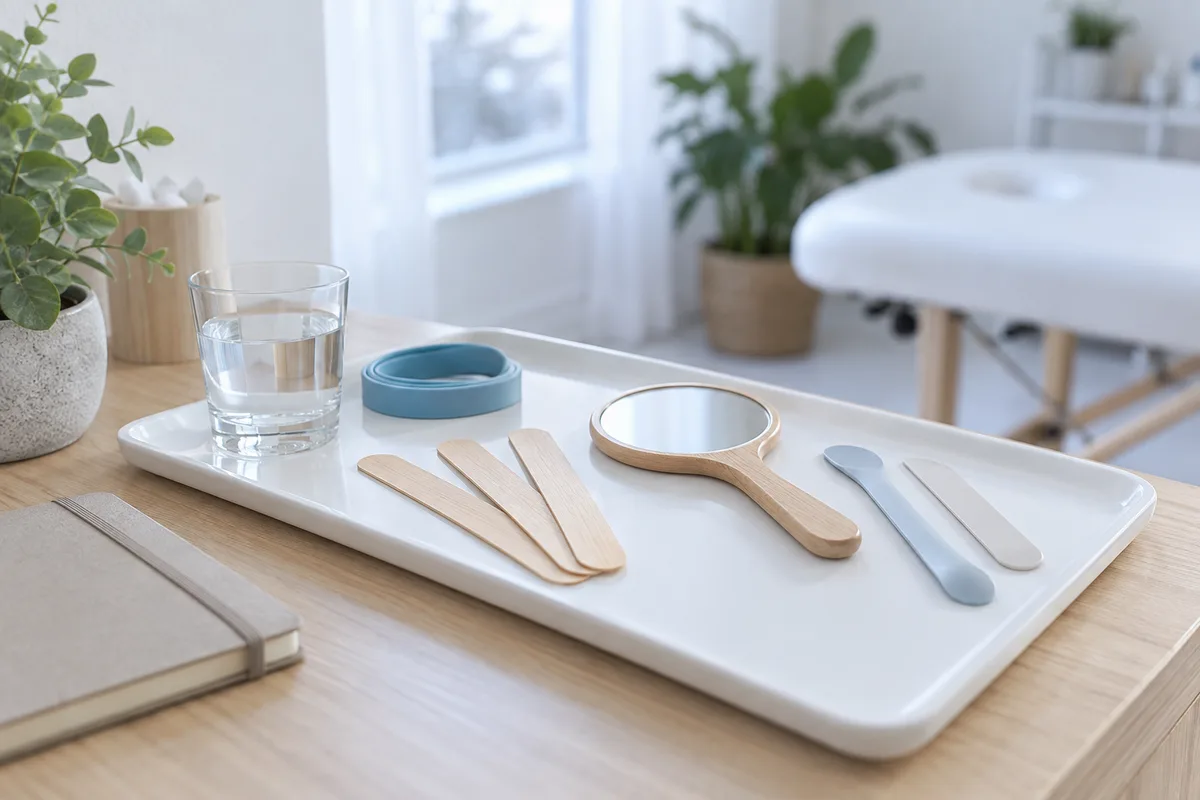 Abaisse-langue, spatules et miroir à main disposés sur un plateau blanc