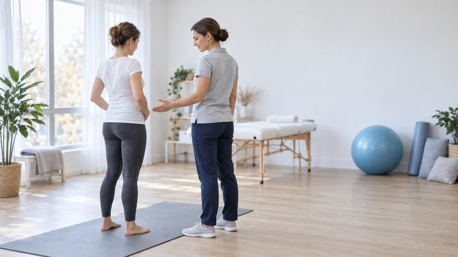 Kinésithérapeute guidant une jeune maman pendant un exercice respiratoire