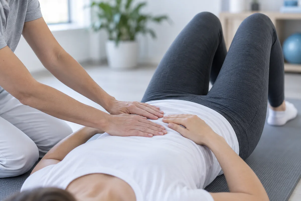 Mains guidant la prise de conscience de la sangle abdominale
