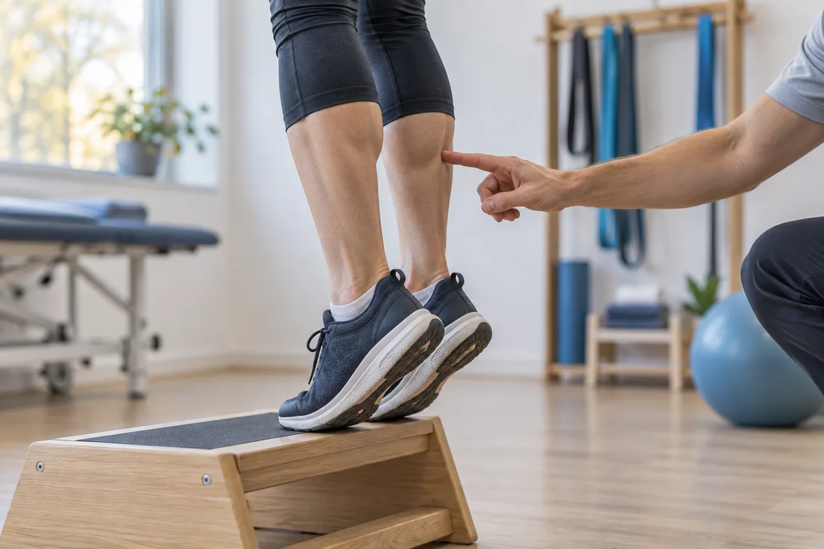 Patient effectuant des montées sur pointes au bord d'un escabeau
