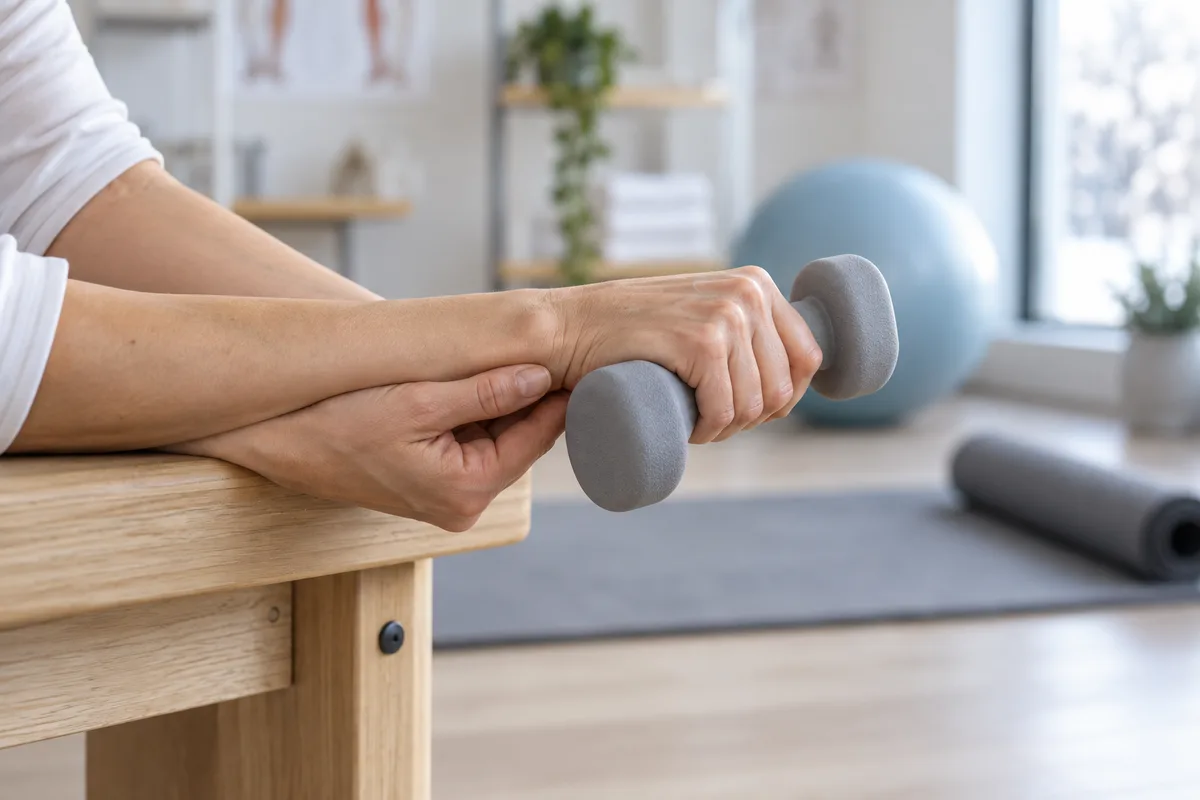 Mains tenant une haltère légère, poignet soutenu en flexion
