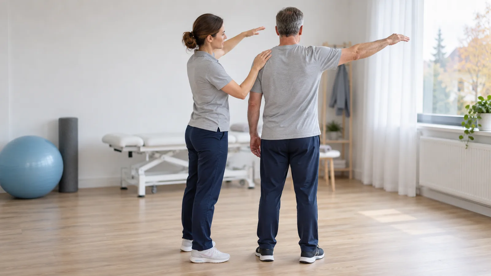 Kinésithérapeute guidant l'élévation du bras d'un patient debout en salle de soin