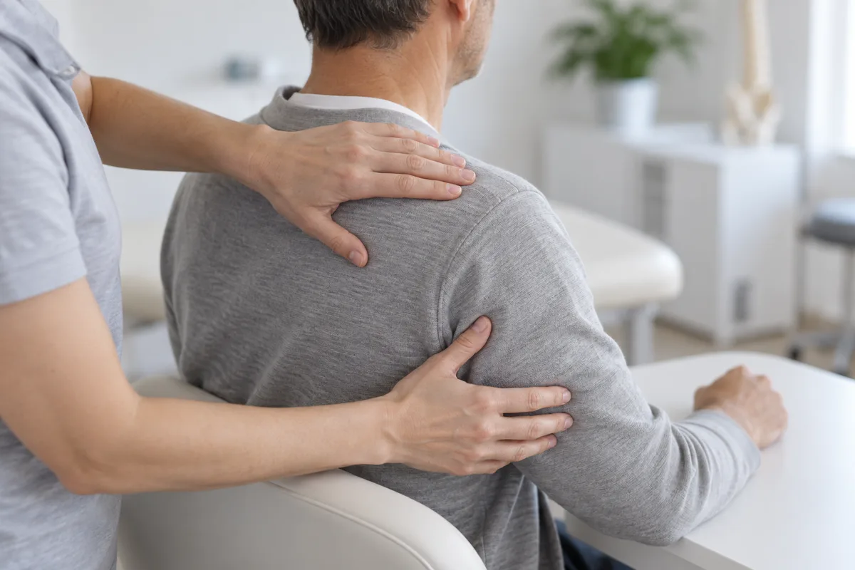 Mains d'une kinésithérapeute palpant doucement l'épaule d'un patient assis