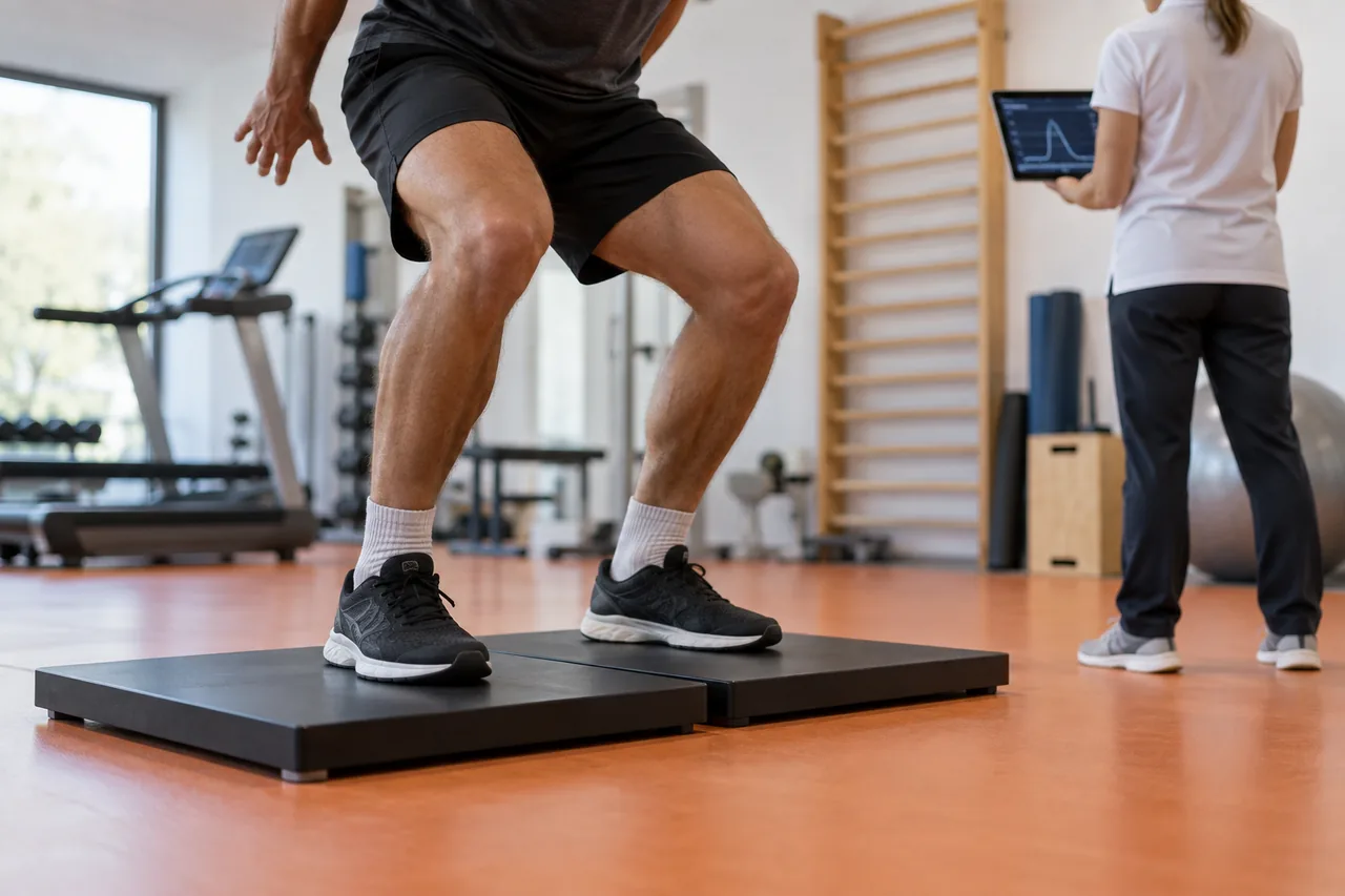 Sportif en appui sur deux plateformes de force, prêt à sauter, kiné avec tablette en arrière-plan